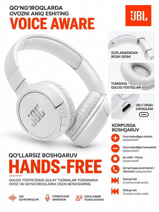 JBL Tune 520BT simsiz quloqchinlari, Bluetooth 5.3, mikrofonli, Android/iOS/PC