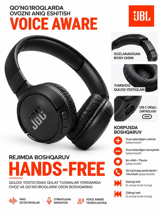 Беспроводные наушники JBL Tune 520BT, Bluetooth 5.3, с микрофоном, Android/iOS/PC