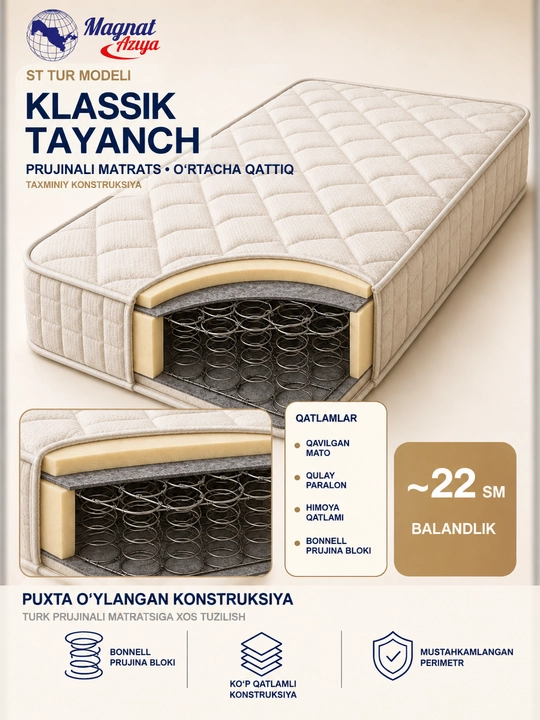 MAGNAT AZIYA ST TUR prujinali matras, o‘rtacha qattiq, Bonnell