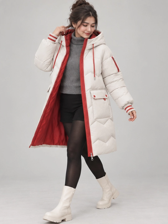 Ayollar qishki kurtka, issiq, oversize, kapyushonli, uzaytirilgan