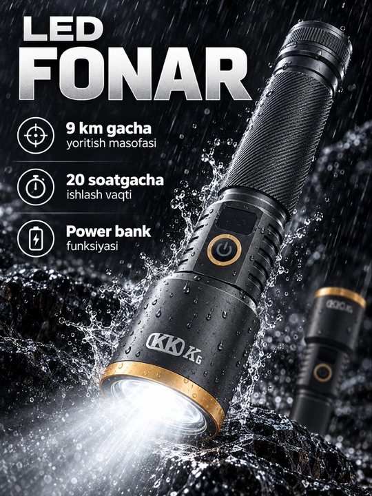 KKD K6 LED fonar, Type-C quvvatlanadigan, displeyli, g‘ilof, kabeli bilan, fonarik - 