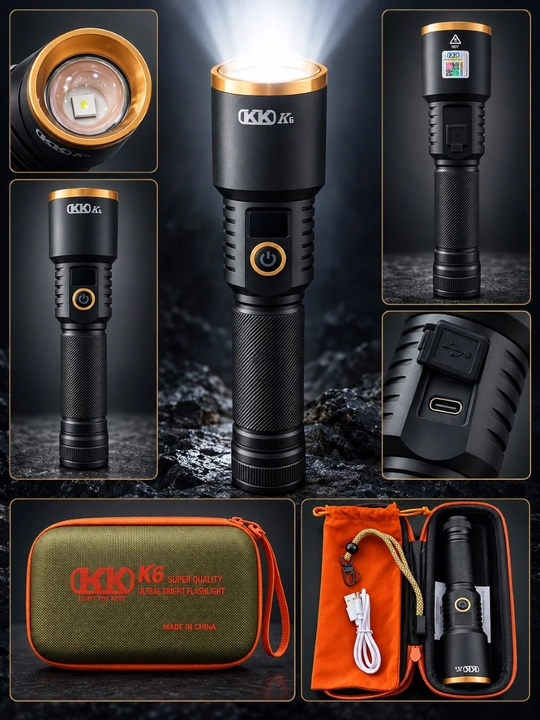KKD K6 LED fonar, Type-C quvvatlanadigan, displeyli, g‘ilof, kabeli bilan, fonarik