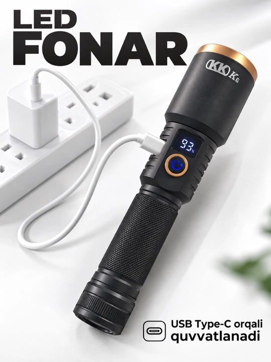 KKD K6 LED fonar, Type-C quvvatlanadigan, displeyli, g‘ilof, kabeli bilan, fonarik
