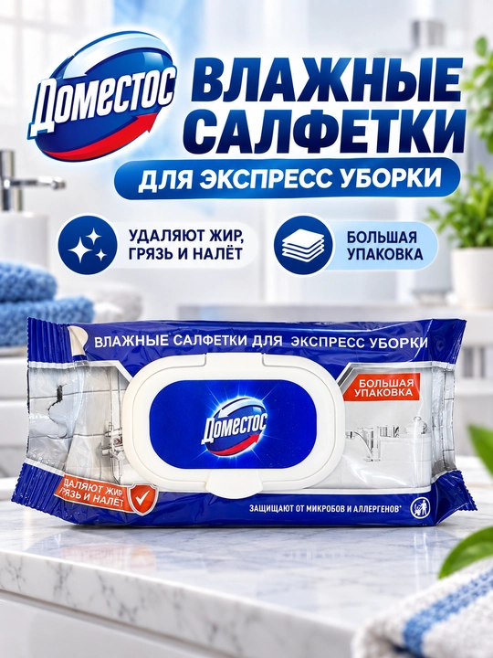 Влажные салфетки Доместос для экспресс-уборки: жир, грязь и налёт, большая пачка для дома! - 
