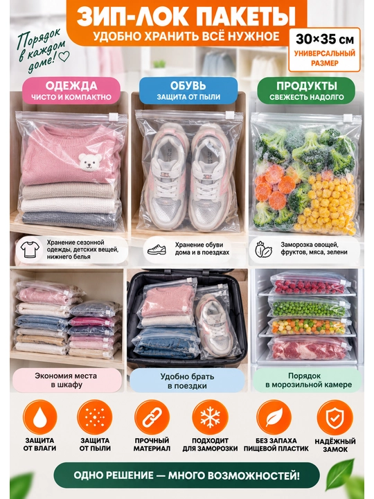 Zip paket 30x35 sm, shaffof, Zip Lock, universal saqlash va qadoqlash uchun paket