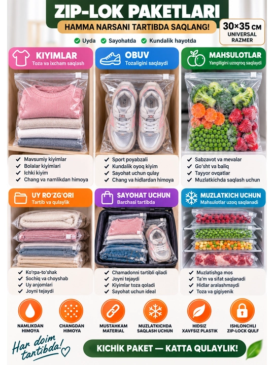 Zip paket 30x35 sm, shaffof, Zip Lock, universal saqlash va qadoqlash uchun paket