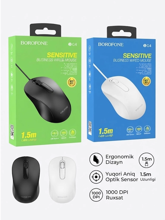 Simli kompyuter sichqonchasi Borofone BG4, 1.5 m, 1000 DPI, ergonomik - 