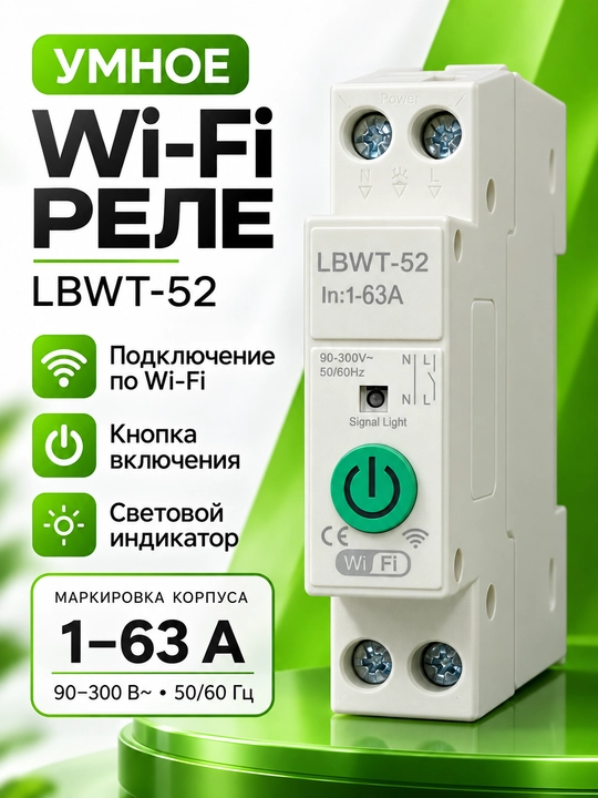 Aqlli WiFi rele 63A LBWT-52, smart tok avtomati, 90–300V, masofaviy boshqaruv - 