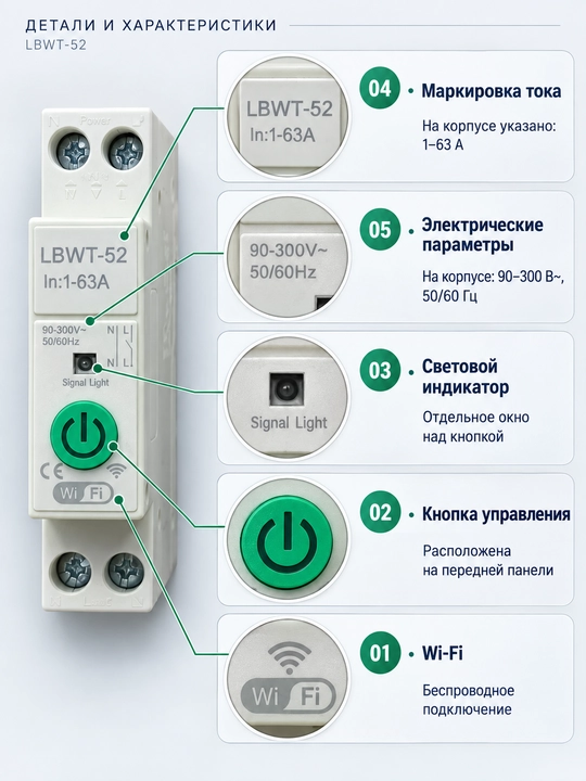 Aqlli WiFi rele 63A LBWT-52, smart tok avtomati, 90–300V, masofaviy boshqaruv