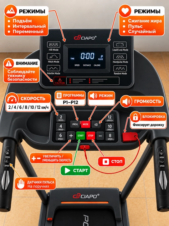 Elektr yugurish yo‘lagi 14 km/soat, 120 kg, 2,5 ot kuchi, yig‘iladigan, 12 dasturli, 220 V