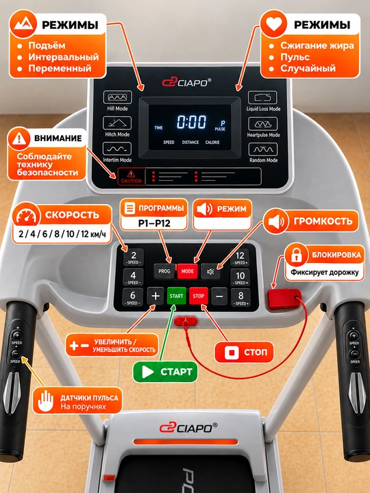 Elektr yugurish yo‘lagi 14 km/soat, 120 kg, 2,5 ot kuchi, yig‘iladigan, 12 dasturli, 220 V