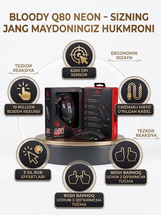 Игровая мышь A4Tech Bloody Q80 Neon, проводная, 6200 CPI, 8 кнопок, подсветка - 