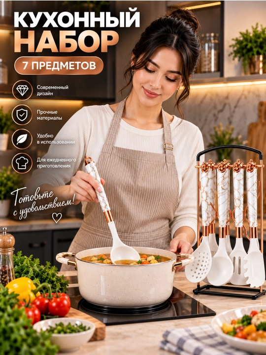Кухонные принадлежности, набор, половник, лопатка, ложка, дуршлаг, подставка