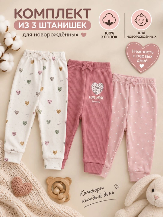 Комплект детских штанишек 3 шт, 100% хлопок — 0–9 месяцев - 