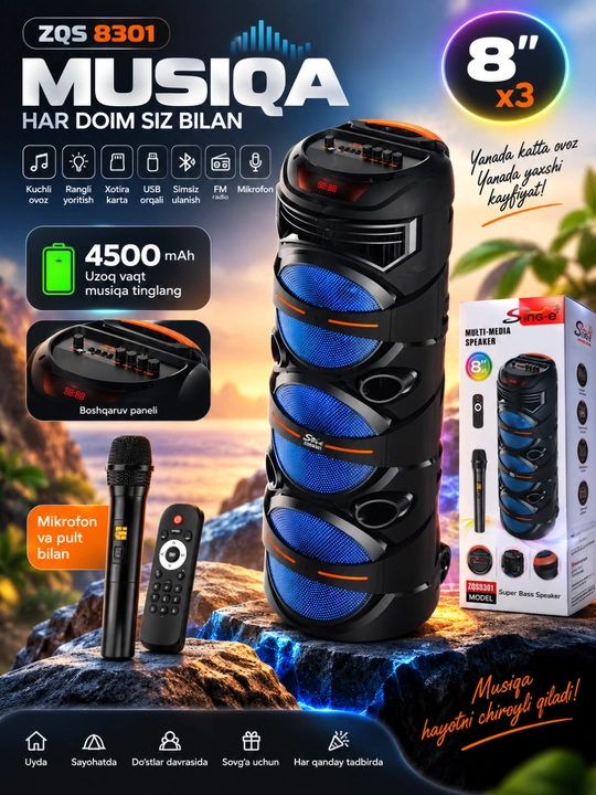 ZQS8301 kalonka — portativ Bluetooth speaker kuchli ovoz va bass bilan - 