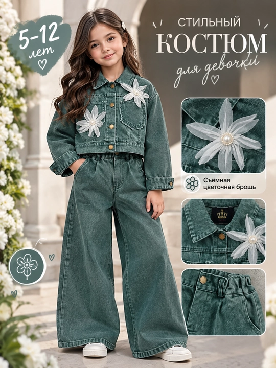 Qizlar uchun jinsi kostyum — jaket va keng shim, gul broshli - 