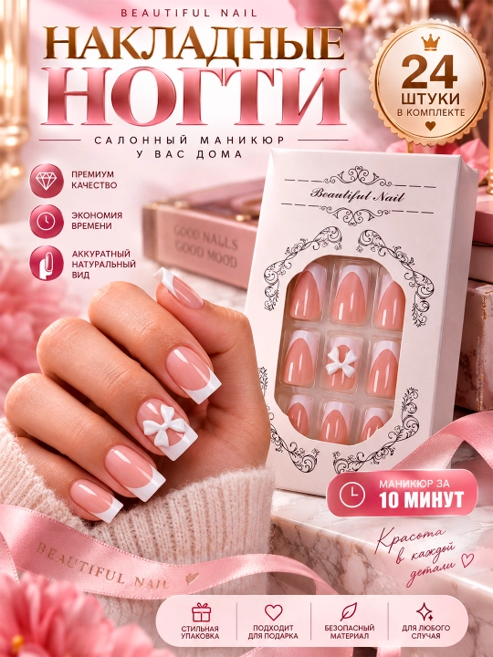 Накладные ногти с дизайном, 24 шт, маникюр, френч - 