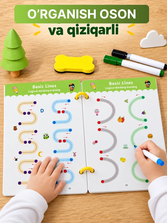 Bolalar uchun ko‘p martali sehrli yozuv daftari, 3+ - yozishni o‘rgatish, husnixat