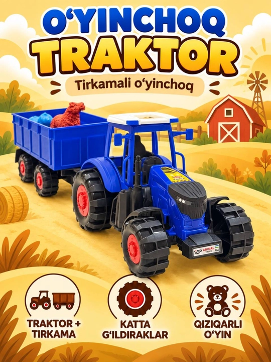 Tirkamali o‘yinchoq traktor, katta g‘ildirakli qishloq xo‘jaligi texnikasi - 