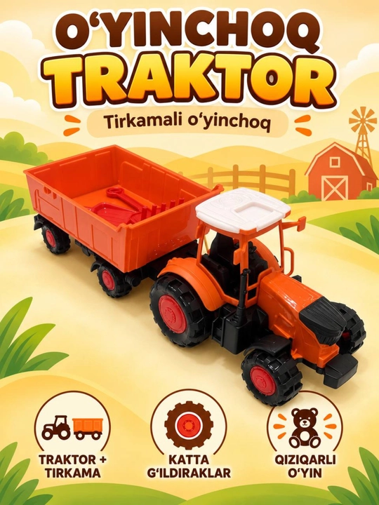 Tirkamali o‘yinchoq traktor, katta g‘ildirakli qishloq xo‘jaligi texnikasi - 