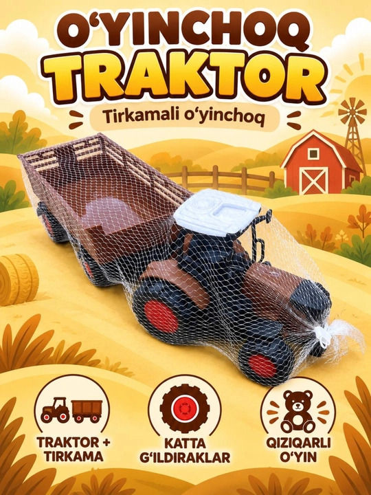 Tirkamali o‘yinchoq traktor, katta g‘ildirakli qishloq xo‘jaligi texnikasi - 