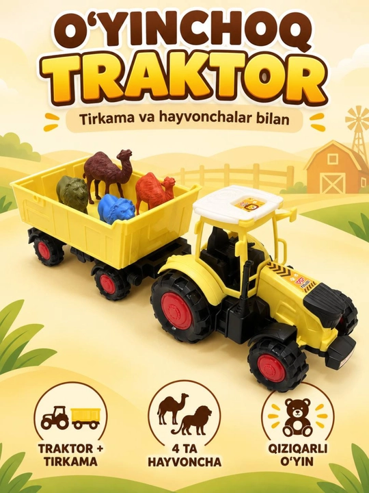Tirkamali o‘yinchoq traktor, katta g‘ildirakli qishloq xo‘jaligi texnikasi - 