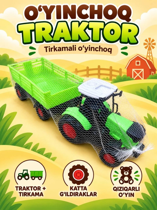 Tirkamali o‘yinchoq traktor, katta g‘ildirakli qishloq xo‘jaligi texnikasi - 