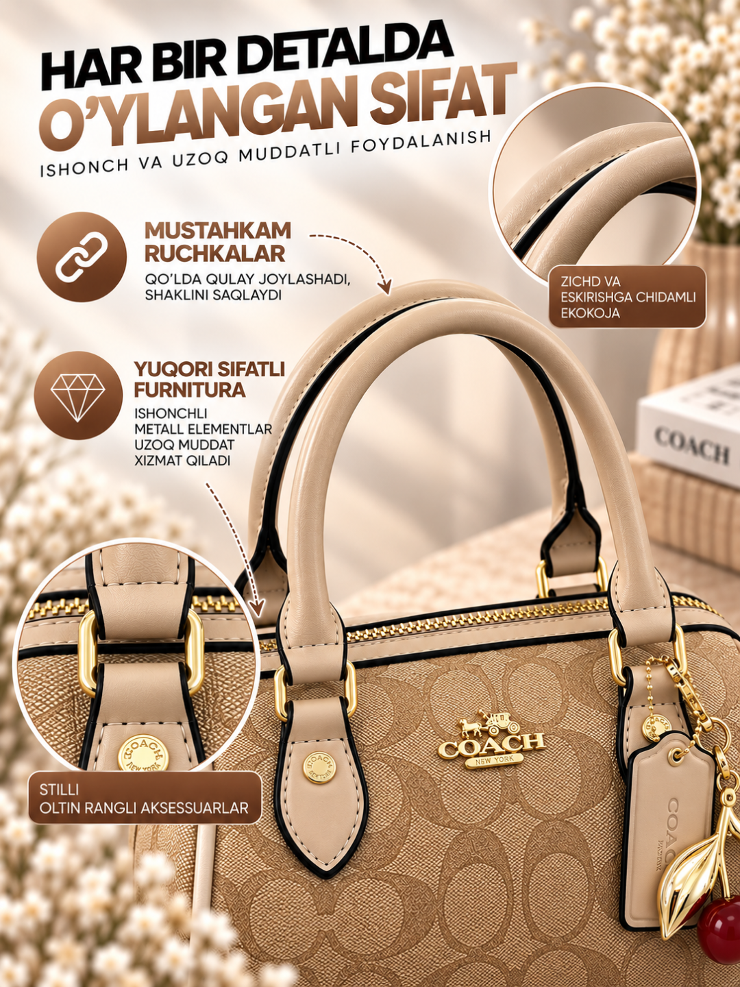 Coach uslubidagi brelokli kichik ayollar sumkasi, eko charmdan, 20x16x13 sm, 6 xil rangda