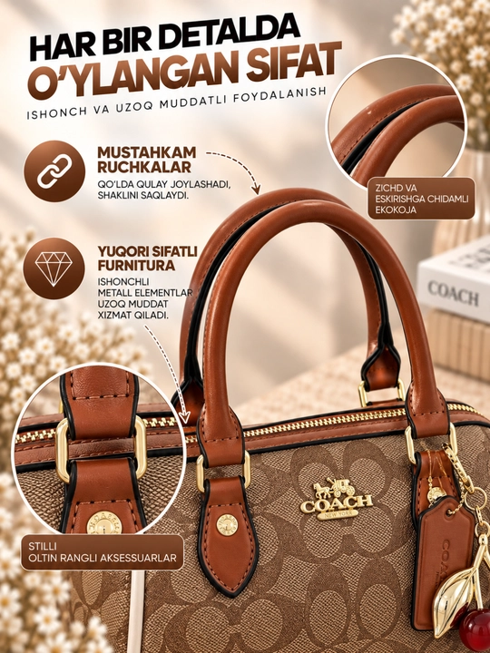 Coach uslubidagi brelokli kichik ayollar sumkasi, eko charmdan, 20x16x13 sm, 6 xil rangda