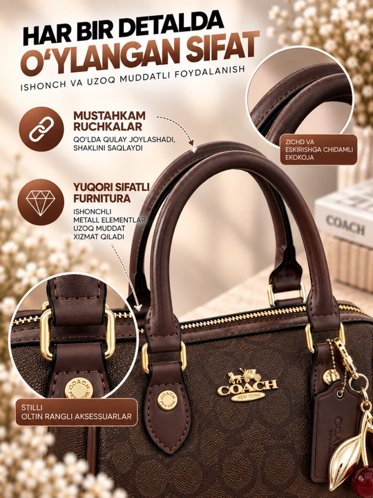 Coach uslubidagi brelokli kichik ayollar sumkasi, eko charmdan, 20x16x13 sm, 6 xil rangda