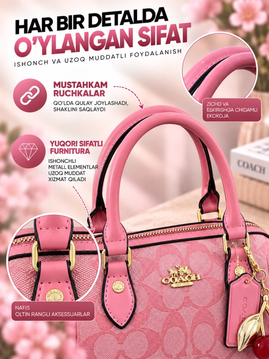 Coach uslubidagi brelokli kichik ayollar sumkasi, eko charmdan, 20x16x13 sm, 6 xil rangda