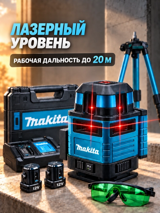 Лазерный уровень 4D, 16 линий, зелёный луч, со штативом, платформой и аккумулятором - 