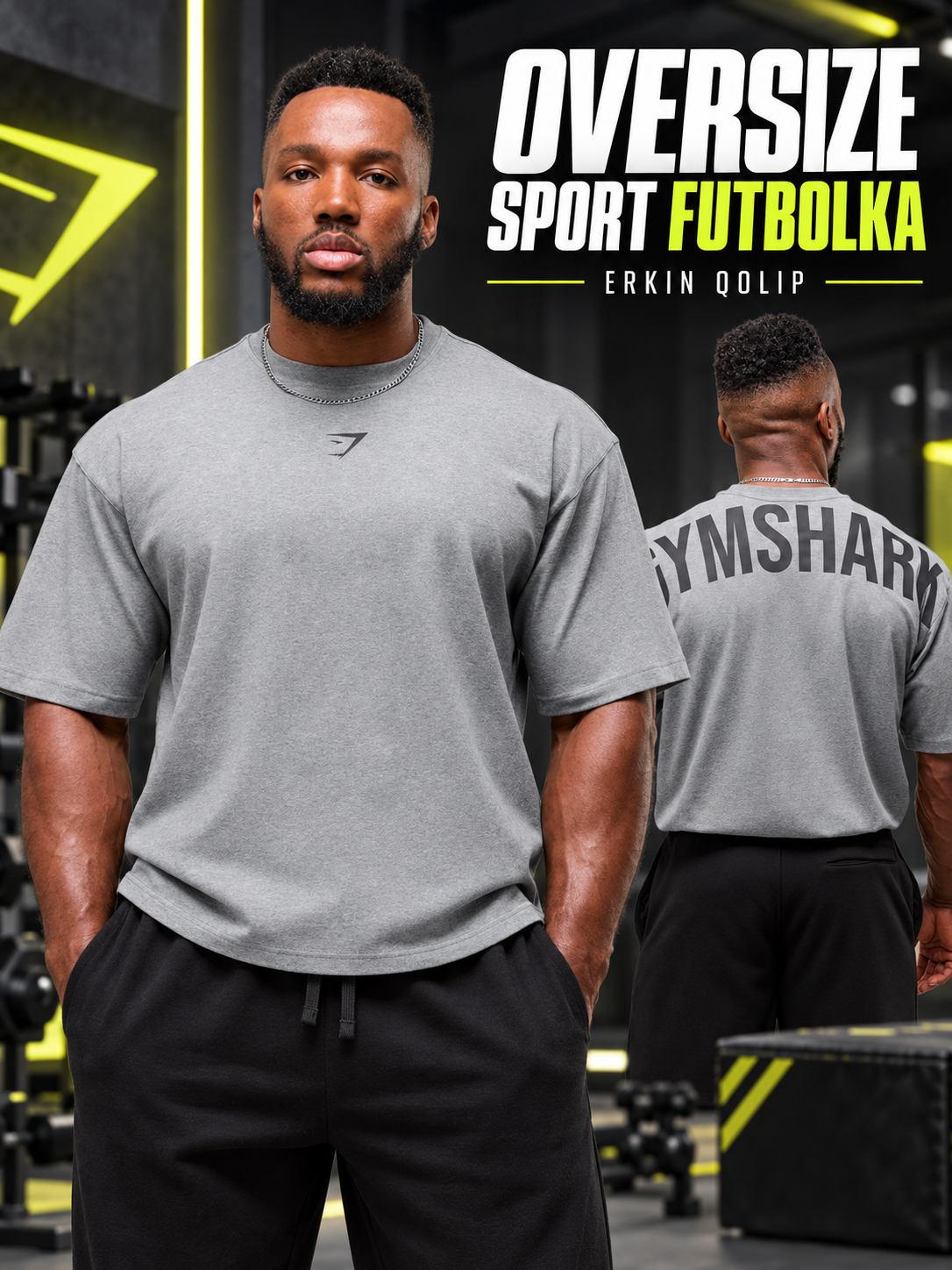 Gymshark erkaklar uchun oversize sport futbolka, fitness uchun erkin bichimli futbolka