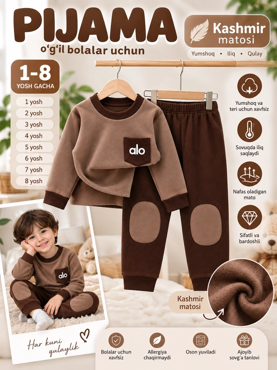 Bolalar kashmir pijama 1–8 yosh, yumshoq issiq uy kiyim