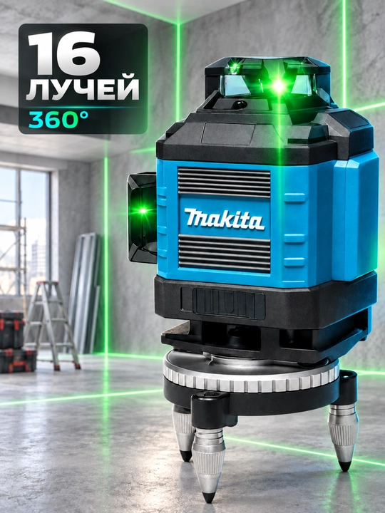 Лазерный уровень 4D, 16 линий, зелёный луч, со штативом, платформой и аккумулятором