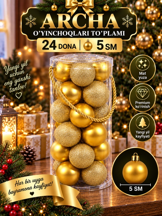 Yangi yil archa o‘yinchoqlari to‘plami, 24 Dona, 5 Sm - 