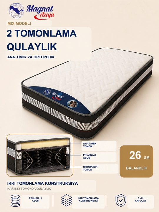 Magnat Aziya Mix ikki tomonlama prujinali matras, balandligi 26 sm