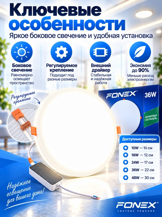 LED panel svetilnik, shift uchun led chiroq, akril yoritgich, dumaloq va kvadrat