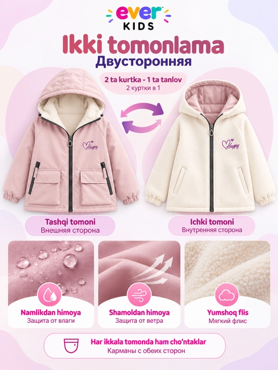 Куртка для девочек двусторонняя, ветровка детская 120–170 см