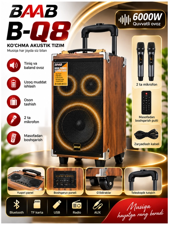 Karaoke Bluetooth kalonka BQ-8, BQ-12 mikrofon bilan, kuchli ovoz - 