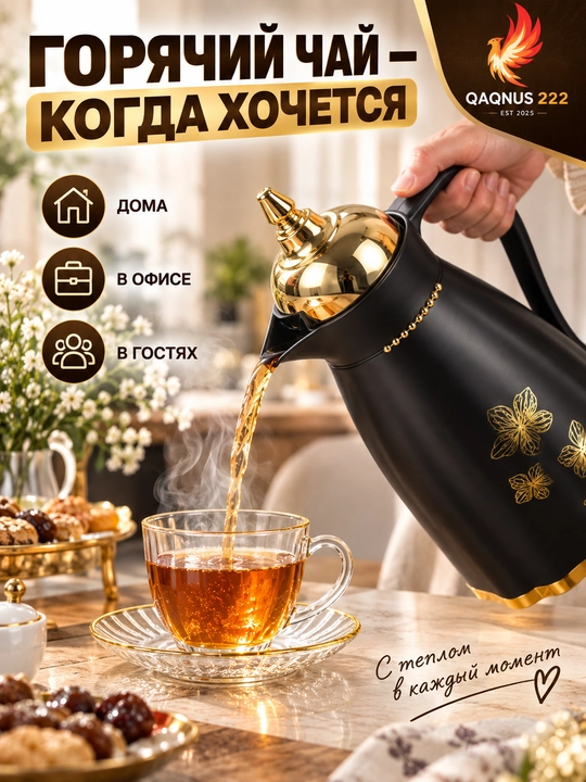 Termos-ko‘za 1 litr, issiq ichimliklar uchun, tugmali, 3 xil rang