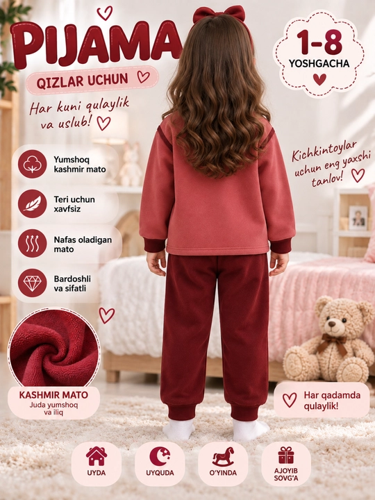 Bolalar kashmir pijama, 1–8 yosh, yumshoq issiq uy kiyim