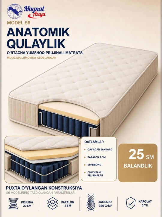 MAGNAT AZIYA S6 matras, mustaqil prujinalar, o‘rtacha yumshoq, 25 sm