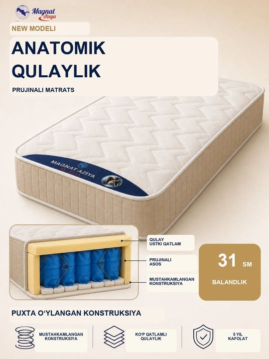 Матрас Magnat Aziya New, анатомический пружинный, высота 31 см