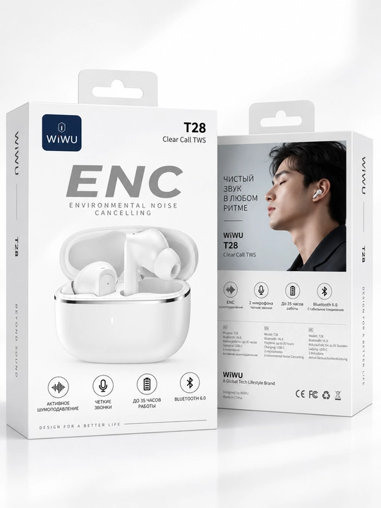 WiWU T28 simsiz quloqchin Bluetooth 6.0, ENC shovqinni kamaytirish va 2 mikrofon - 