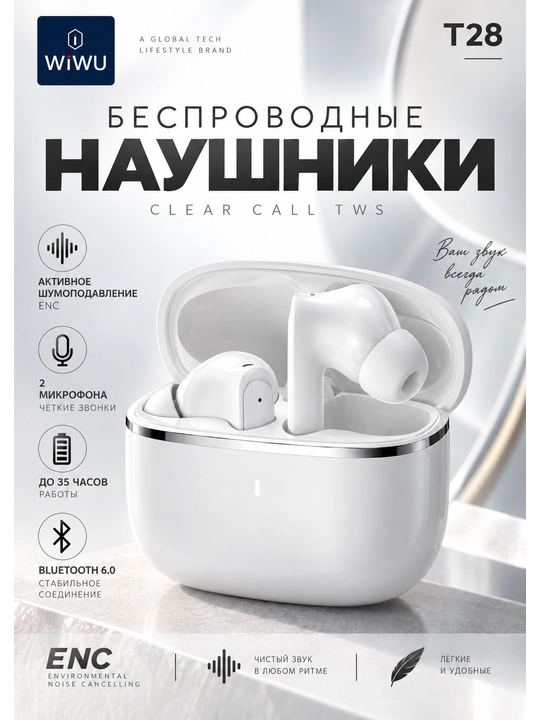 WiWU T28 simsiz quloqchin Bluetooth 6.0, ENC shovqinni kamaytirish va 2 mikrofon