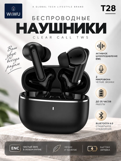 WiWU T28 simsiz quloqchin Bluetooth 6.0, ENC shovqinni kamaytirish va 2 mikrofon - 