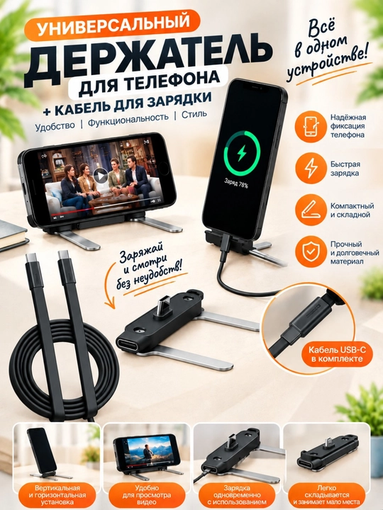 Telefon uchun buklanadigan stend ushlagich, USB Type-C kabel, zaryadlash uchun - 