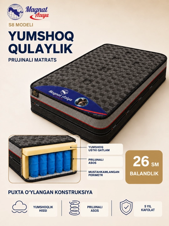 MAGNAT AZIYA S8 prujinali matras, yumshoq ustki qatlam, 26 sm - 