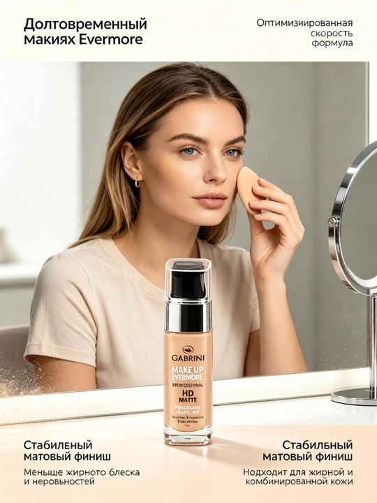 HD Matte Evermore matlovchi tonal krem 30 ml yuqori qoplama suvterga chidamli yigʻilmaslik